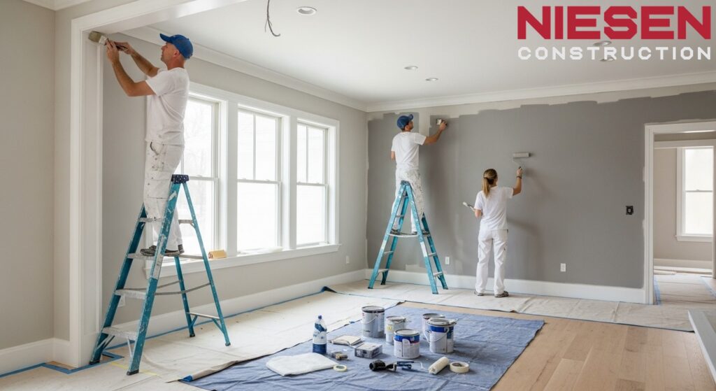 Professional painters applying final paint coats in a custom home