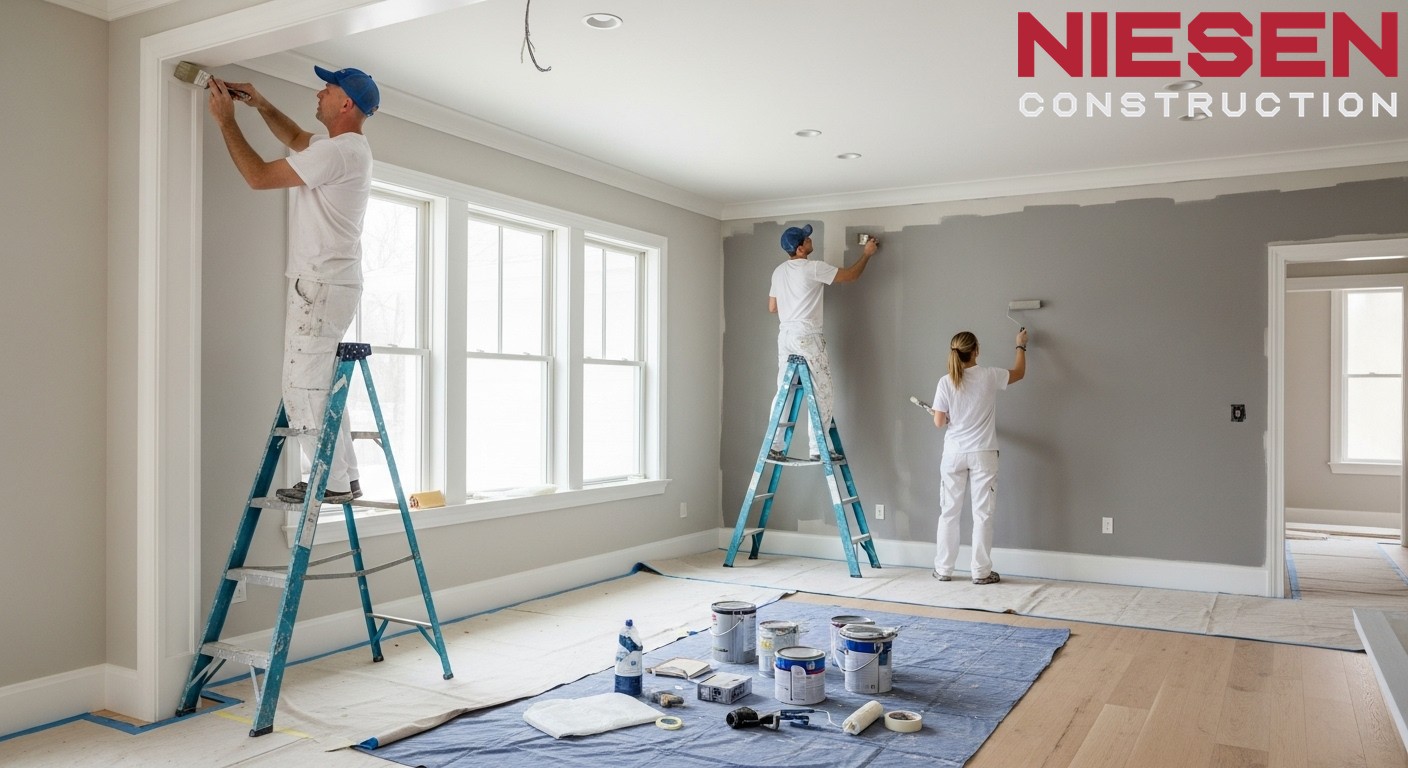 Professional painters applying final paint coats in a custom home
