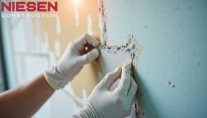 Professional close-up of drywall repair stages, showing proper technique, surface preparation, and finishing details, technical demonstration lighting.