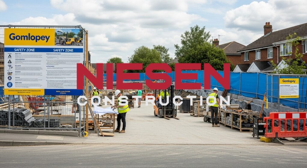 Well-organized construction site with professional signage