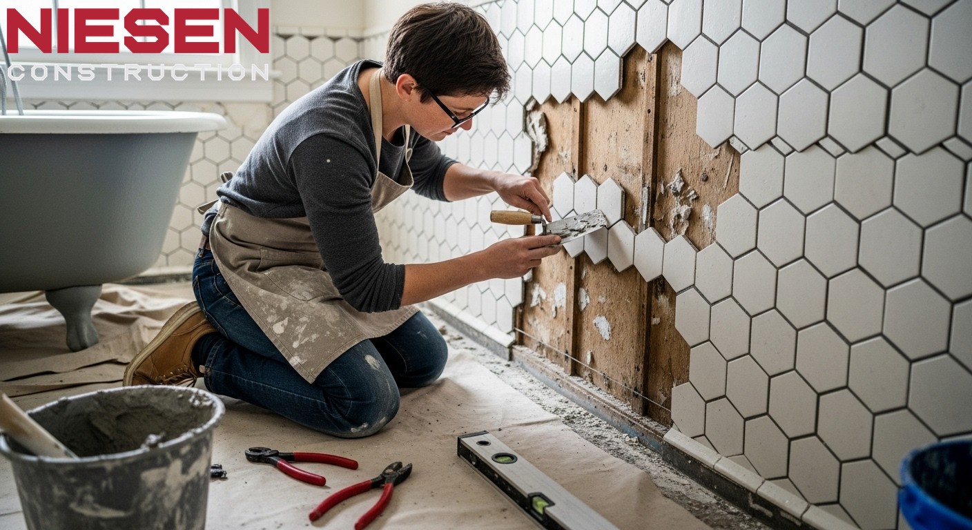Craftsperson carefully restoring vintage bathroom tile