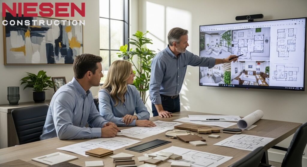 Custom home builder and homeowners reviewing detailed floor plans and 3D renderings on a large monitor, with multiple design iterations spread on the table, natural lighting in a professional design office