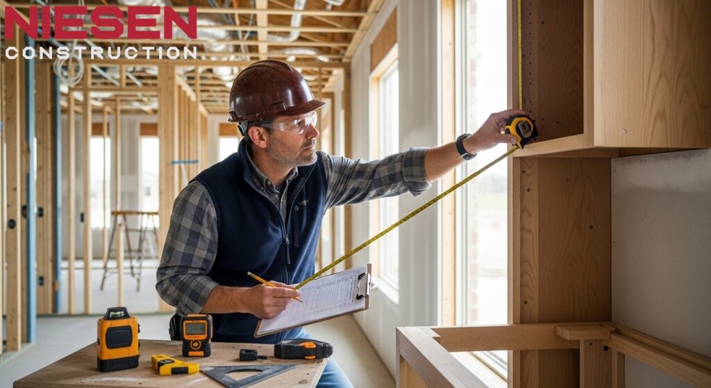 Professional custom home builder conducting detailed quality inspection