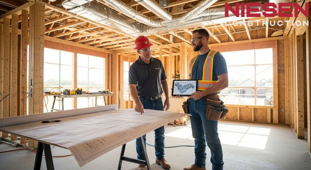 Custom home builder and HVAC contractor reviewing system specifications and ductwork plans
