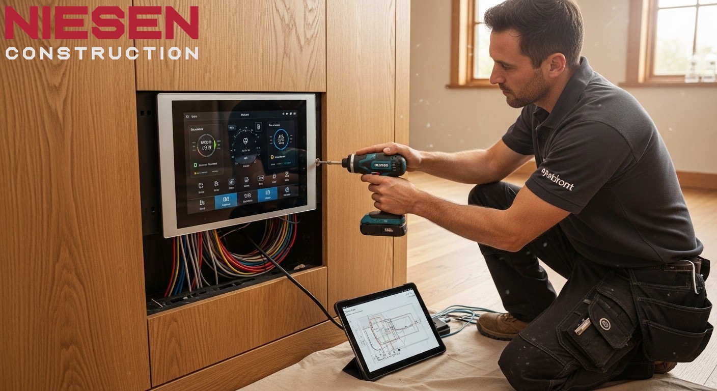 Modern smart home control panel and energy monitoring systems being installed in a custom home