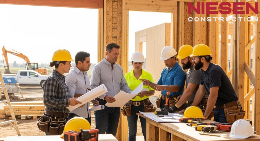 Professional custom home builder meeting with skilled craftsmen