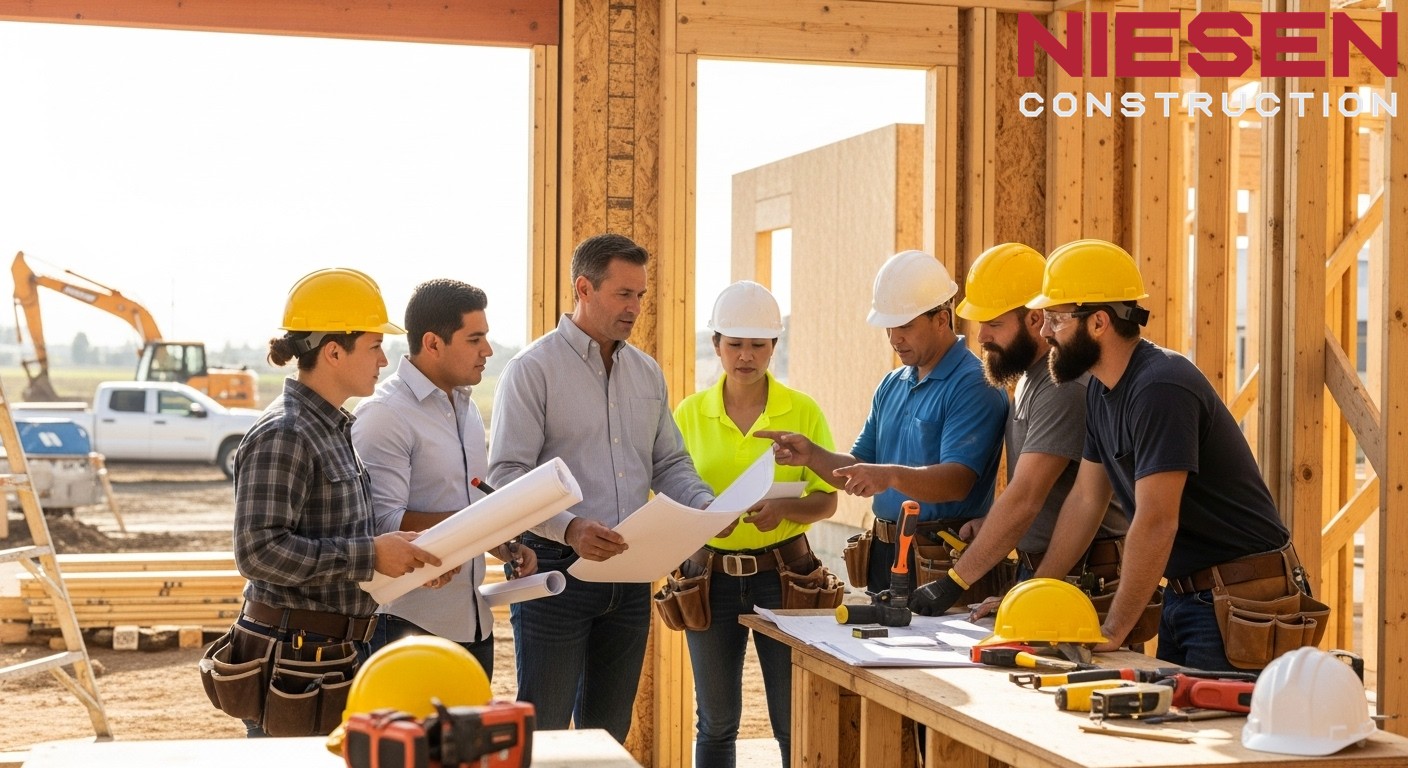 Professional custom home builder meeting with skilled craftsmen