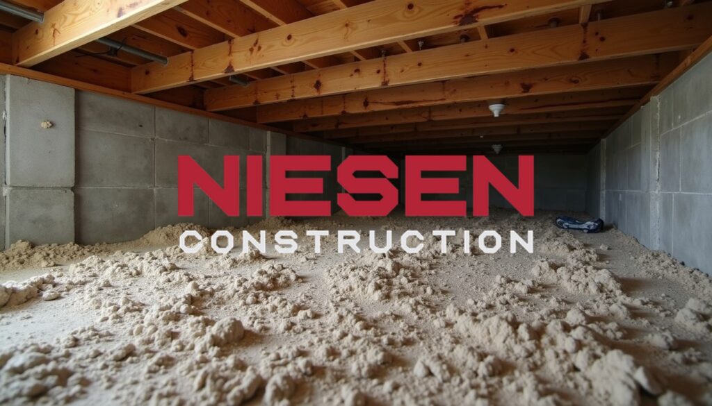 Picture of floor joists from a crawl space, joists are supported by thick concrete piers and wooden beam foundation, photorealistic, completely flat dirt and gravel floor, very dimly lit, construction photography.