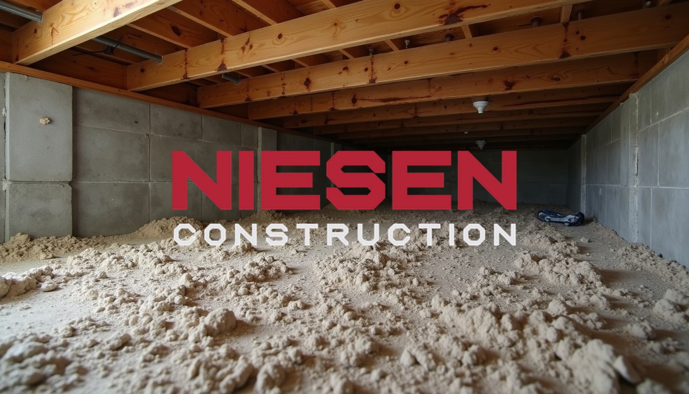 Picture of floor joists from a crawl space, joists are supported by thick concrete piers and wooden beam foundation, photorealistic, completely flat dirt and gravel floor, very dimly lit, construction photography.