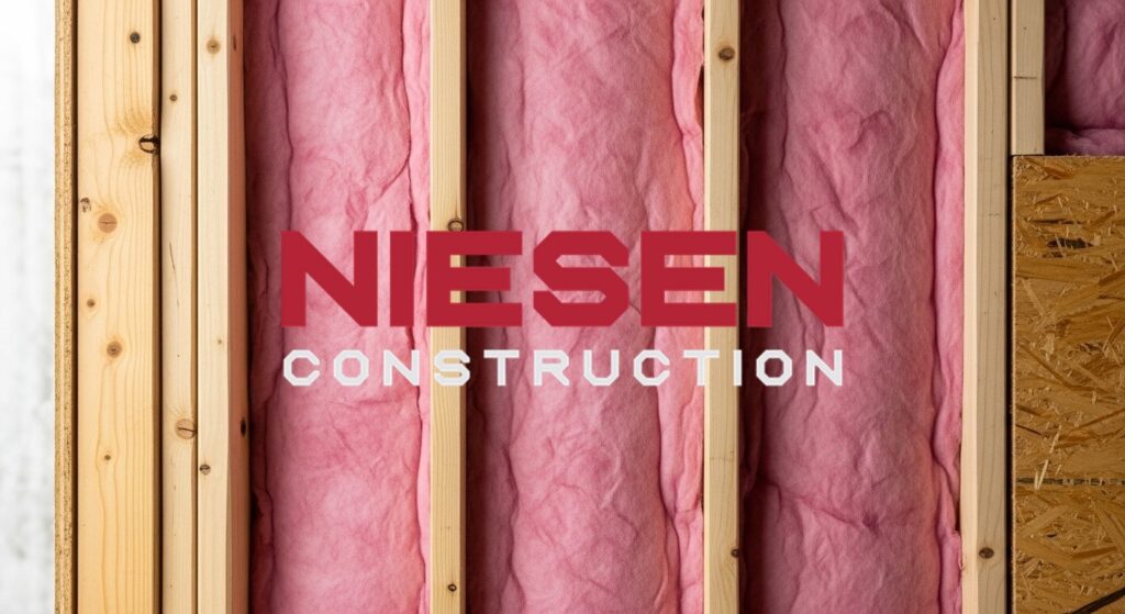 A close-up view of pink bats of insulation