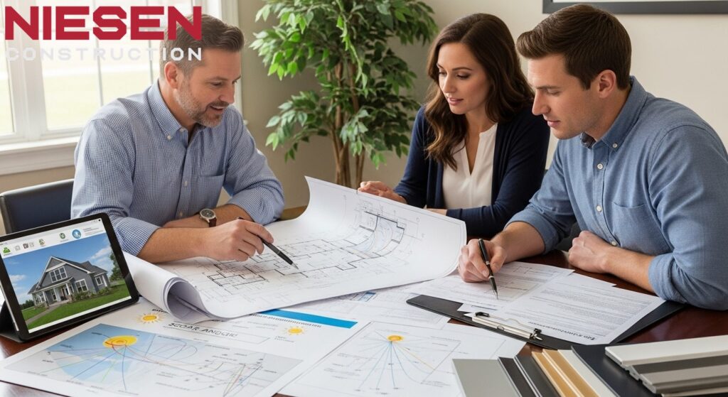 Custom home builder and homeowners reviewing energy-efficient design plans
