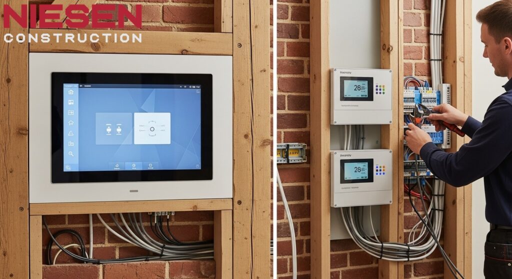 Modern smart home control panel and energy monitoring systems being installed in a custom home