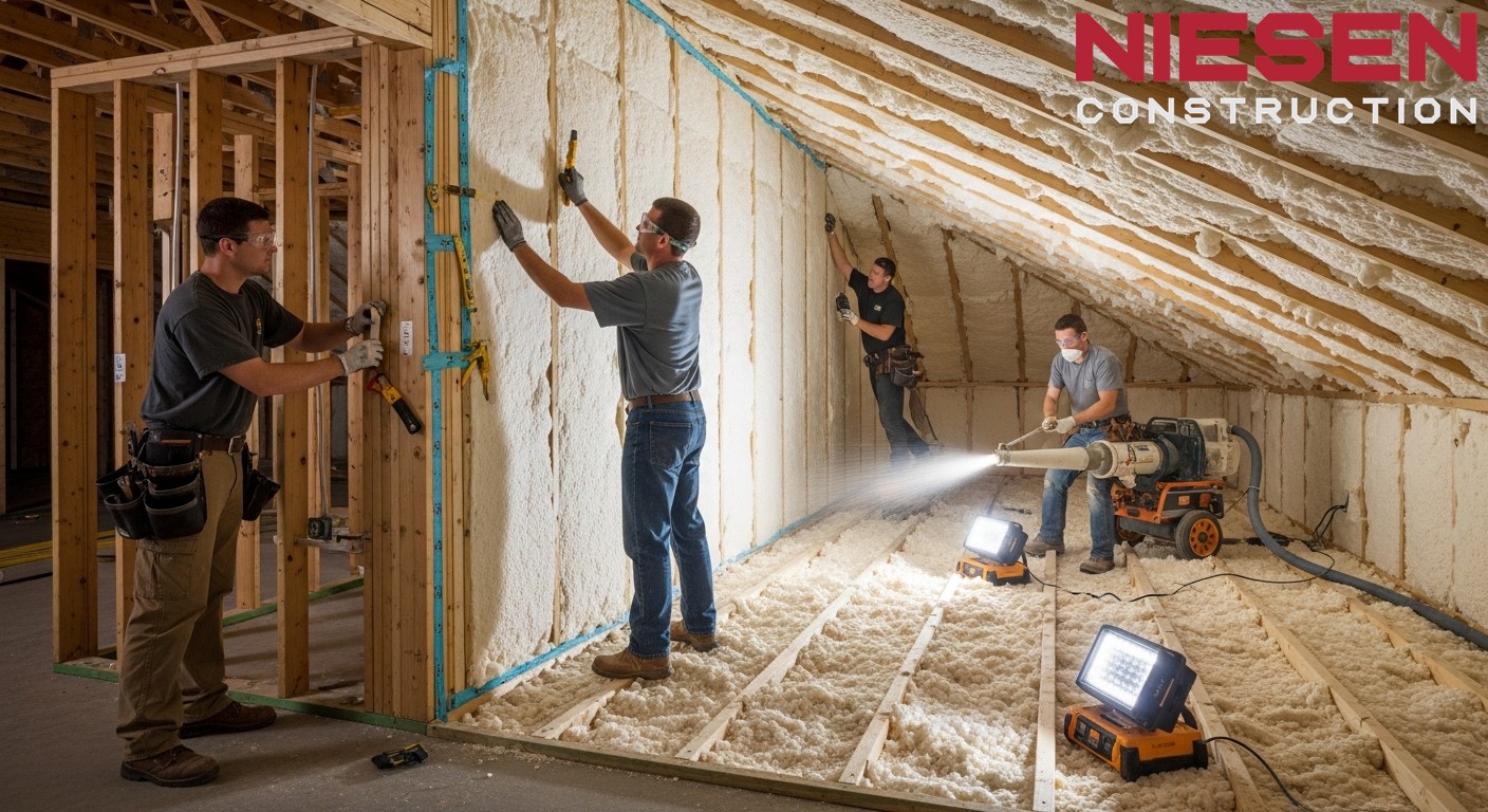 Construction workers installing high-quality insulation in custom home
