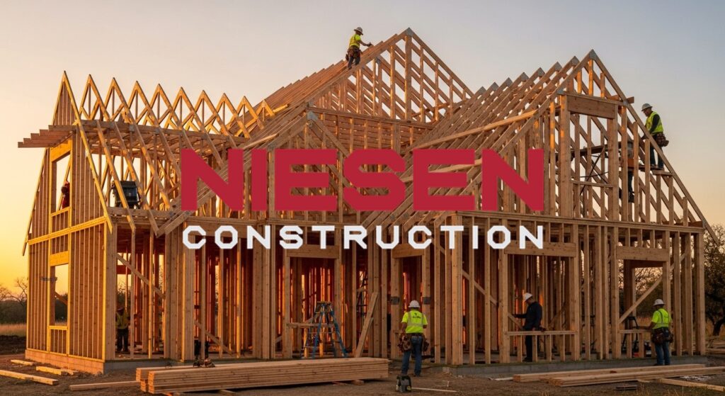 Custom home wooden frame structure under construction