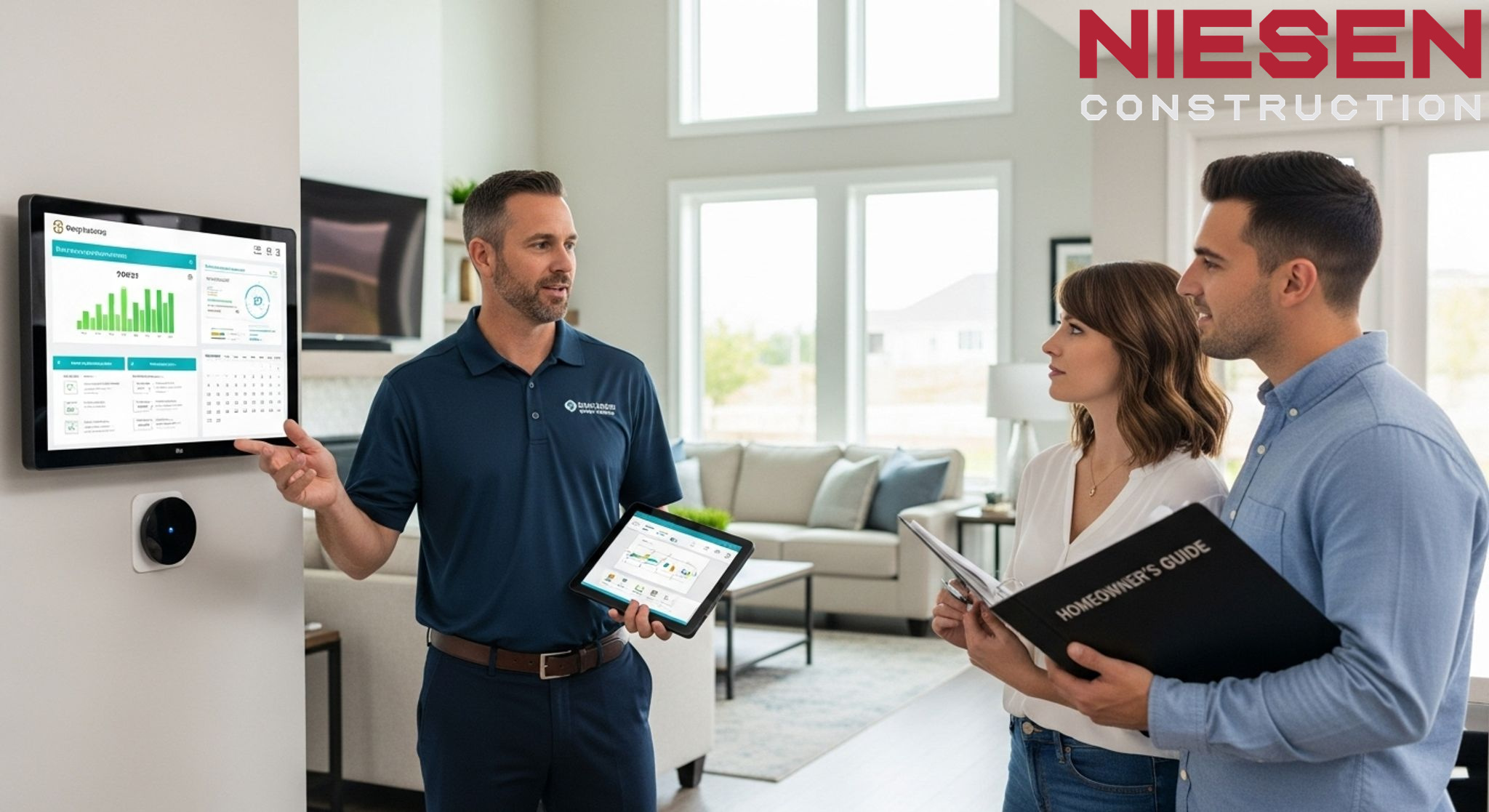 Custom home builder explaining energy monitoring systems and maintenance schedules