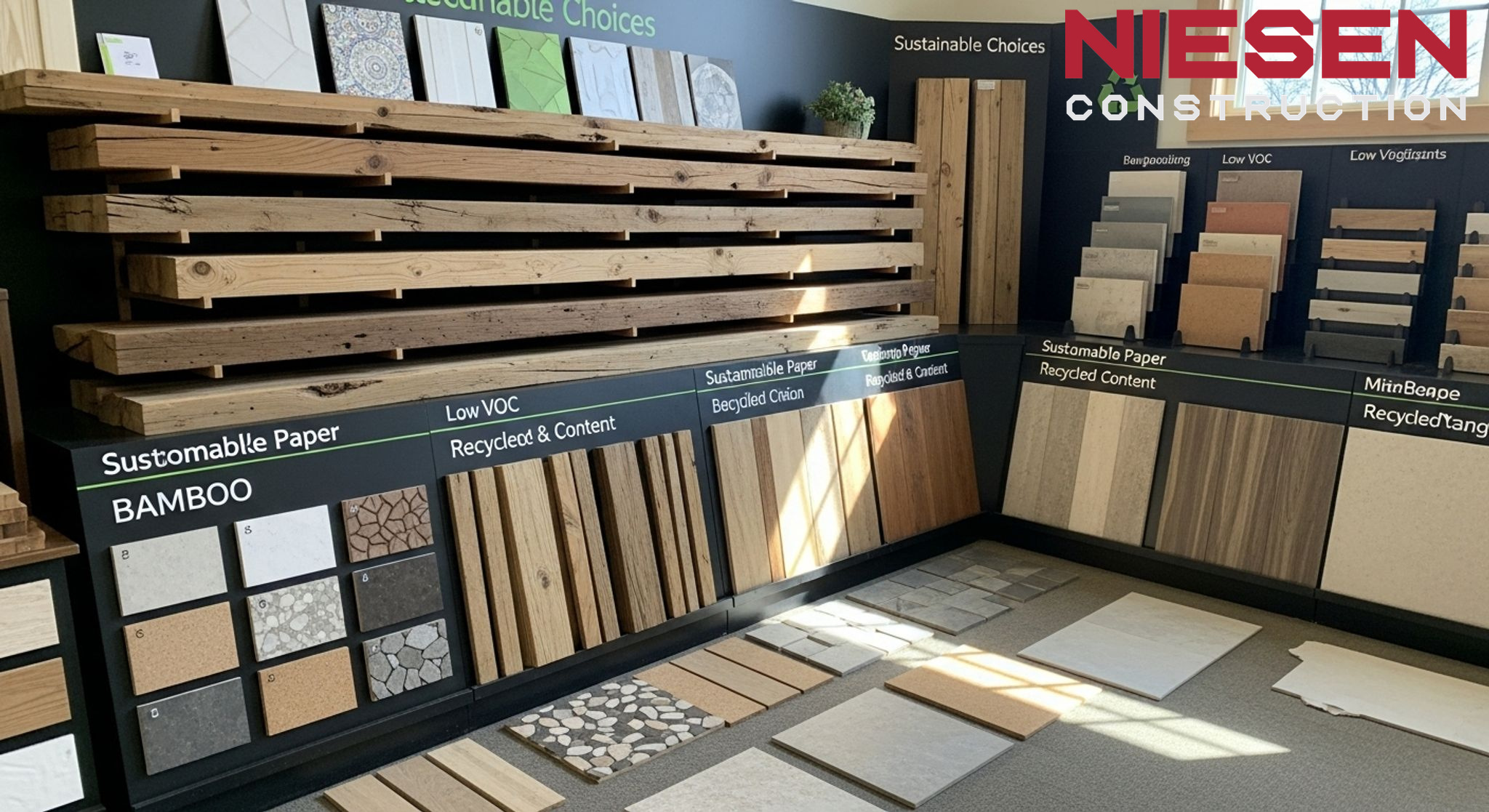 Eco-friendly building materials including reclaimed wood, low-VOC finishes