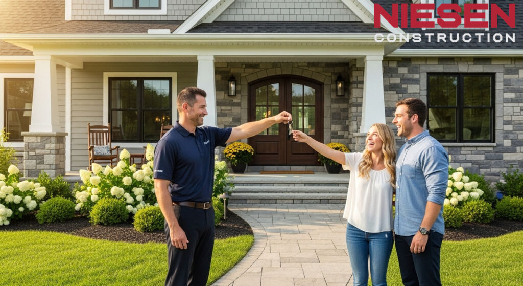 Happy custom home builder handing keys to excited new homeowners
