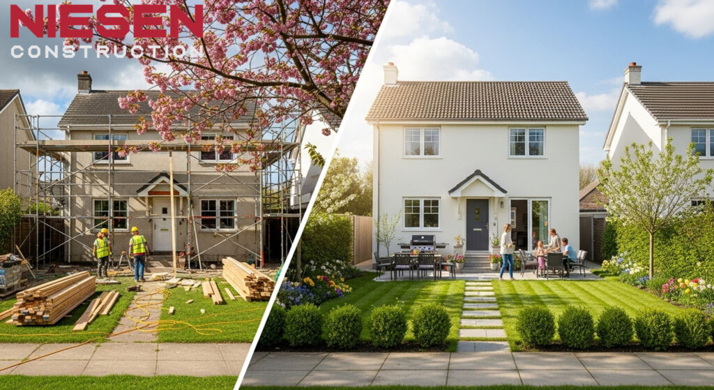Split-screen style image showing same house in different seasons