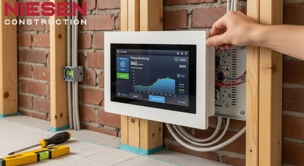 Modern smart home control panel and energy monitoring systems being installed in a custom home
