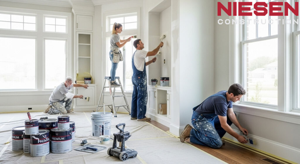 Professional painters applying final paint coats in a custom home