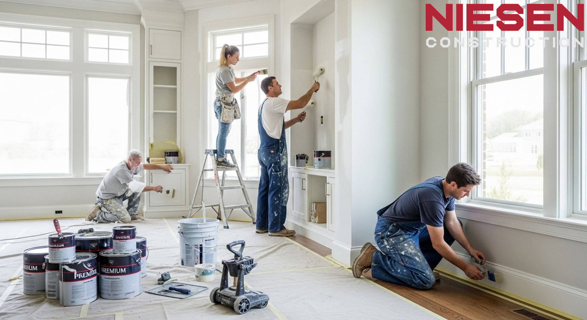 Professional painters applying final paint coats in a custom home