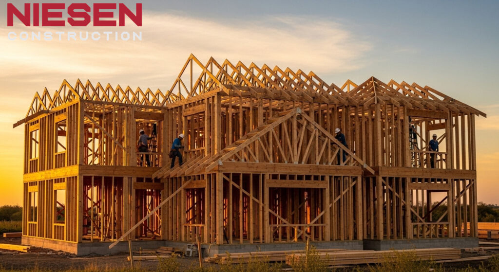 Custom home wooden frame structure under construction