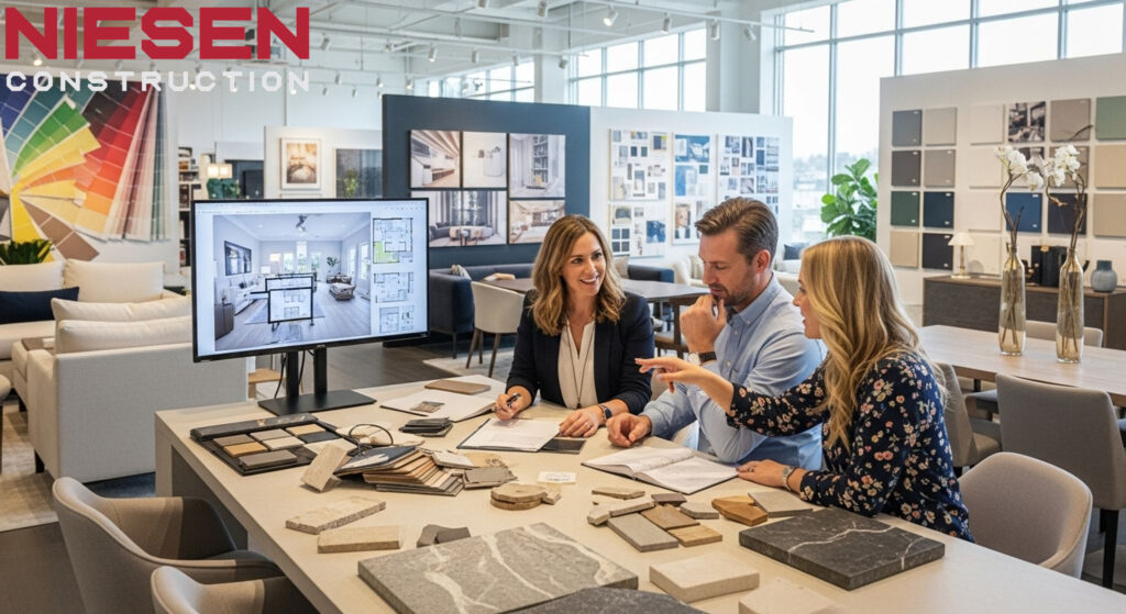 Professional interior designer and custom home builder meeting with homeowners