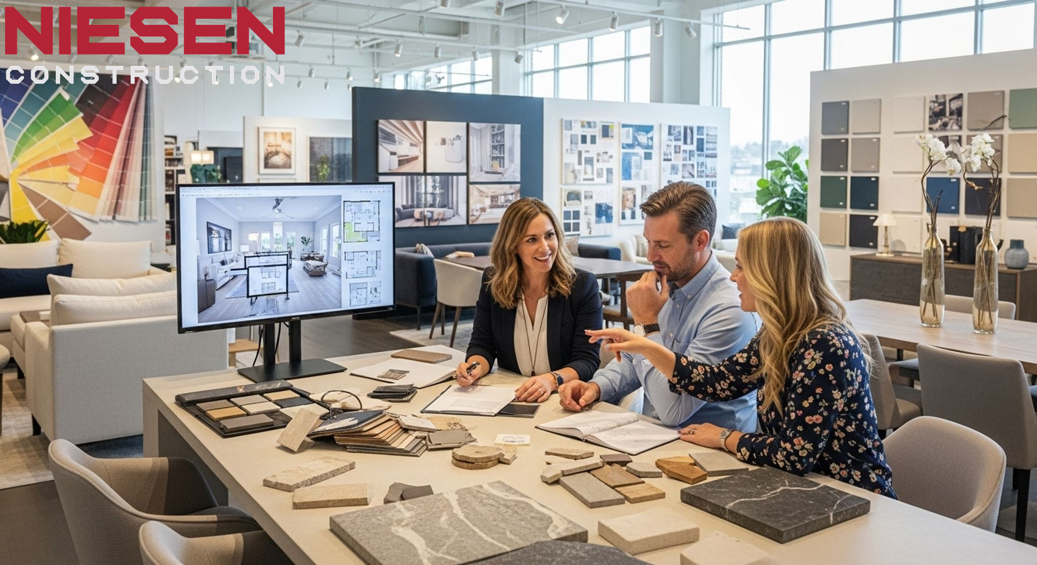 Professional interior designer and custom home builder meeting with homeowners
