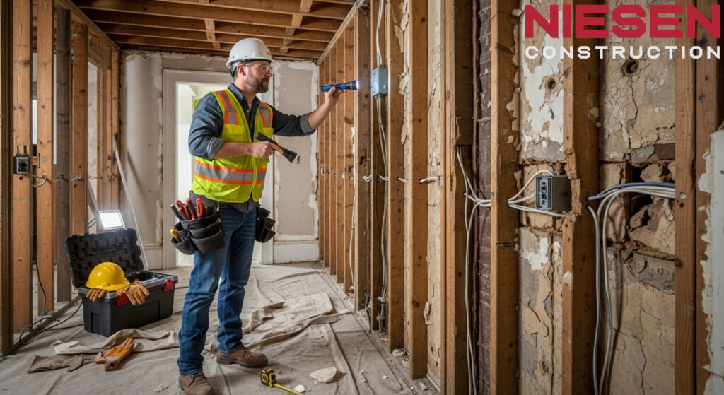 Professional contractor inspecting exposed wall framing