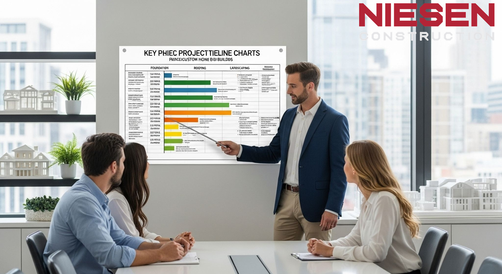 Professional project timeline chart on a wall with a custom home builder