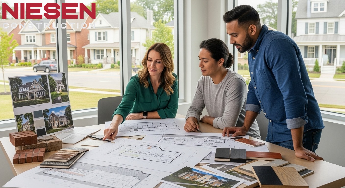 Custom home builder and homeowners reviewing architectural plans