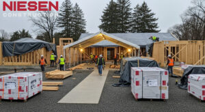 Well-organized custom home construction site with proper weather protection