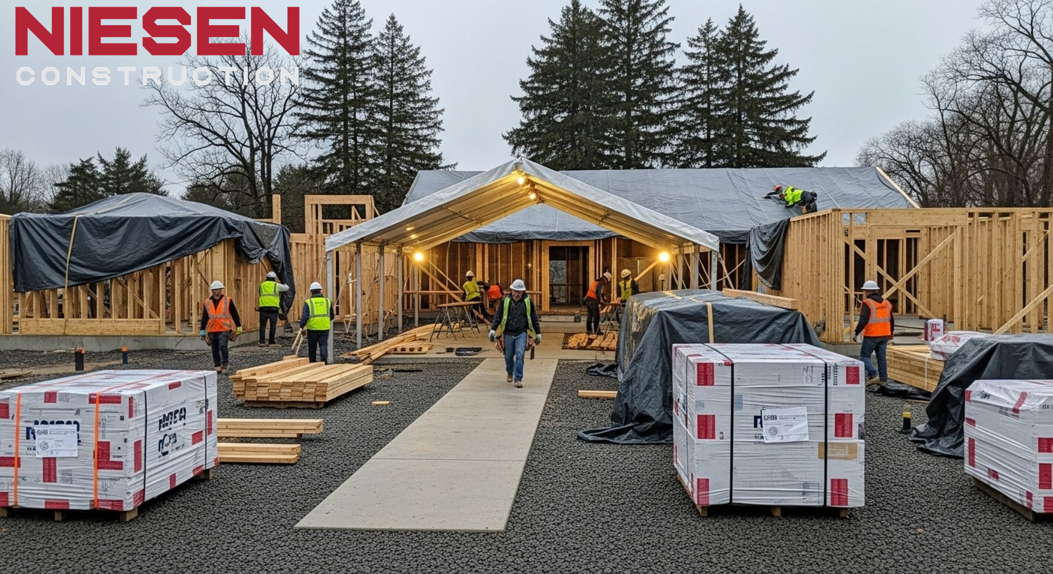 Well-organized custom home construction site with proper weather protection