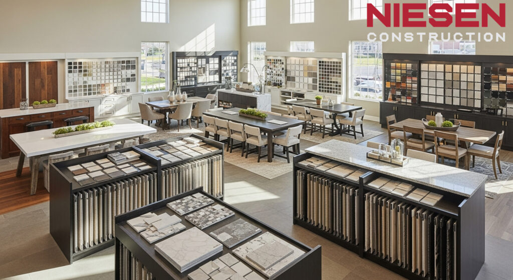 Professional interior designer and custom home builder meeting with homeowners