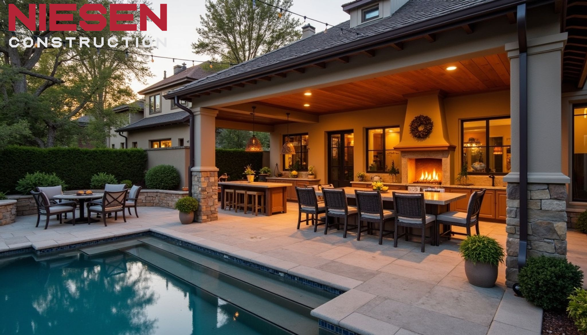 Luxurious covered patio space with outdoor kitchen, comfortable seating, and fireplace, photographed during golden hour, string lights overhead, professional real estate photography style