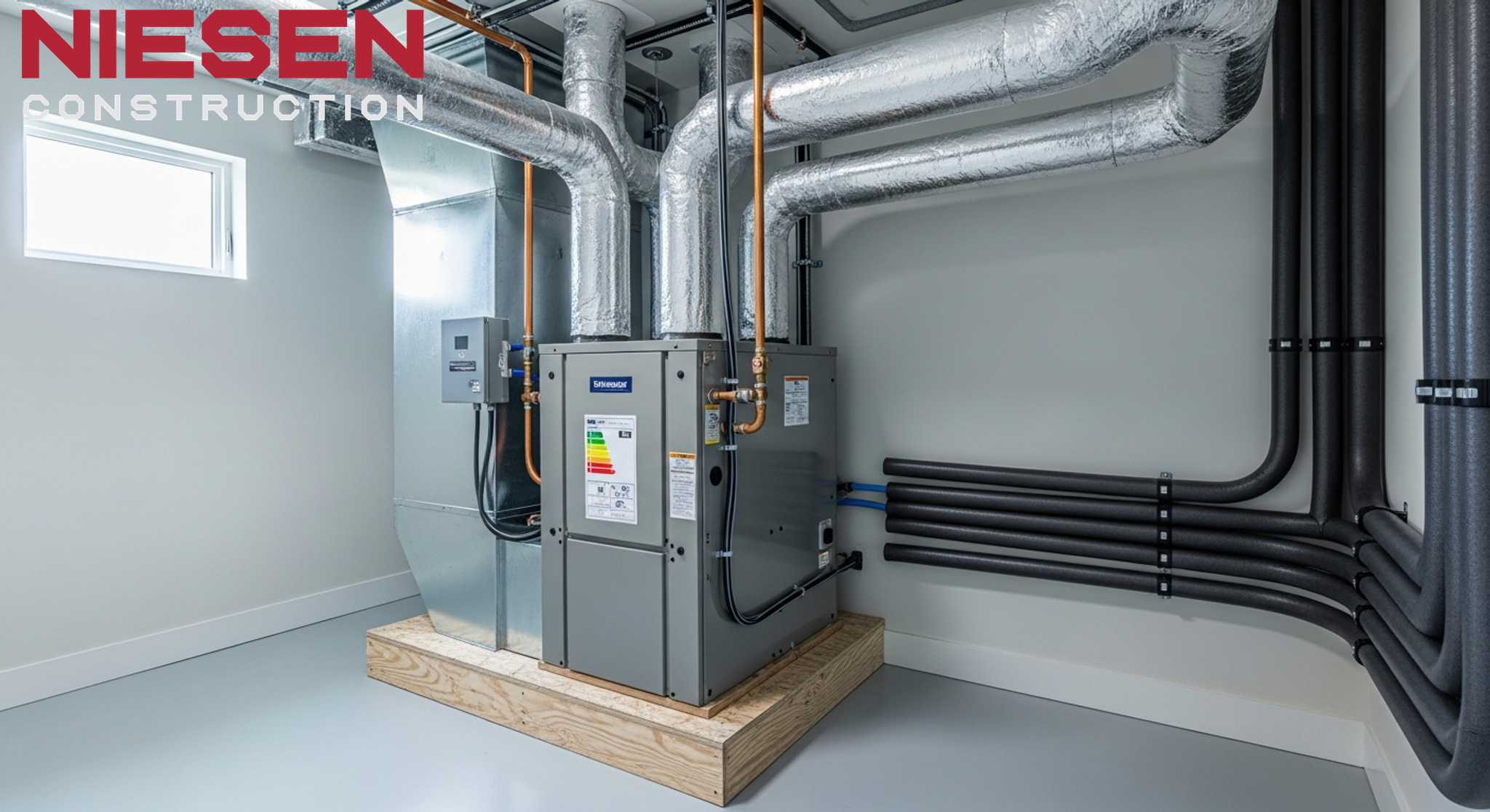 Custom home builder and HVAC contractor reviewing system specifications and ductwork plans