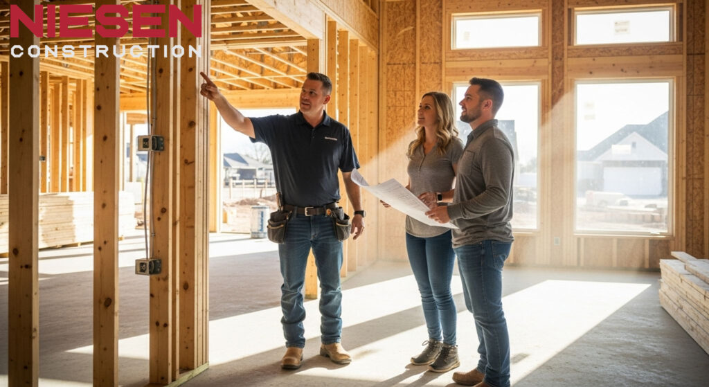 Custom home builder conducting detailed walkthrough with homeowners