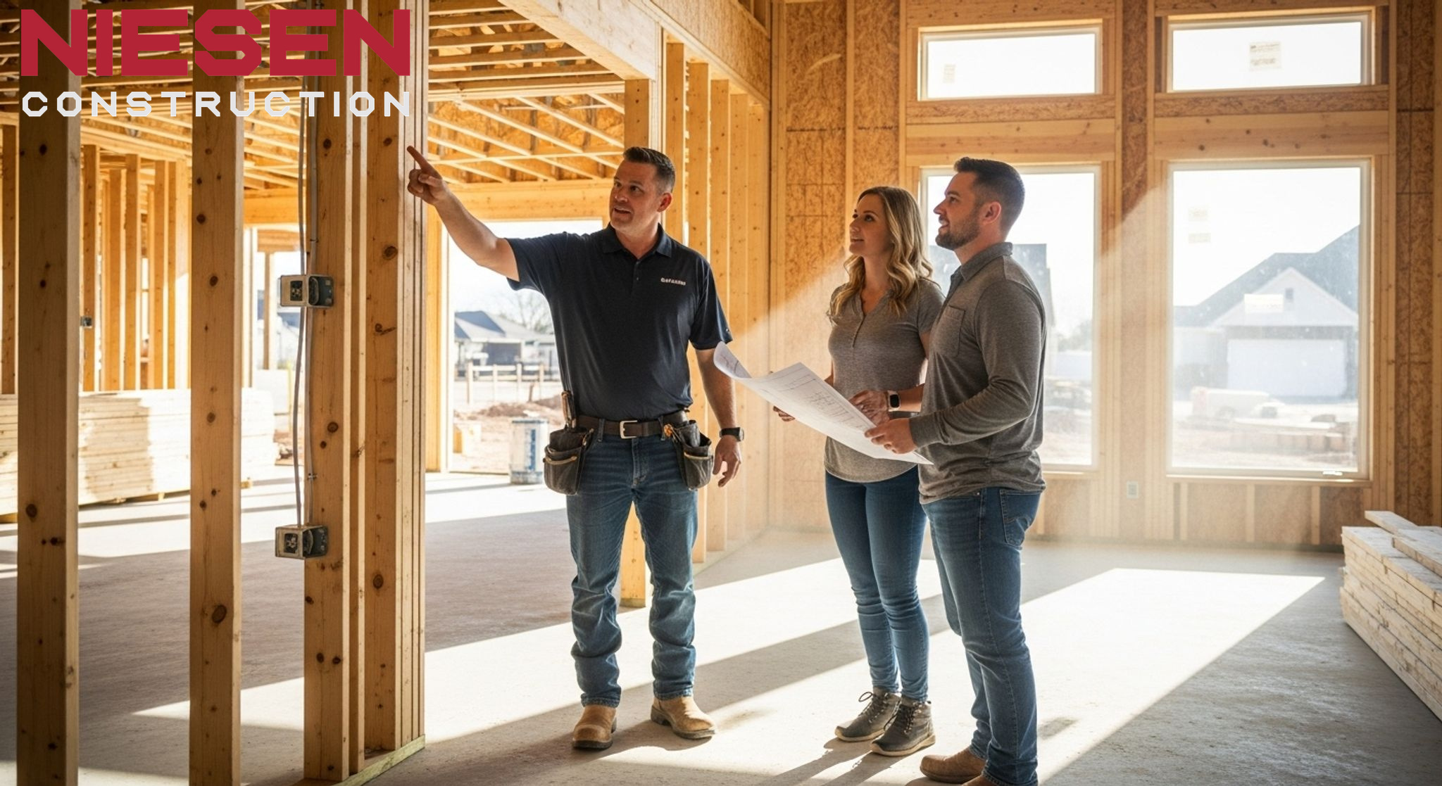 Custom home builder conducting detailed walkthrough with homeowners