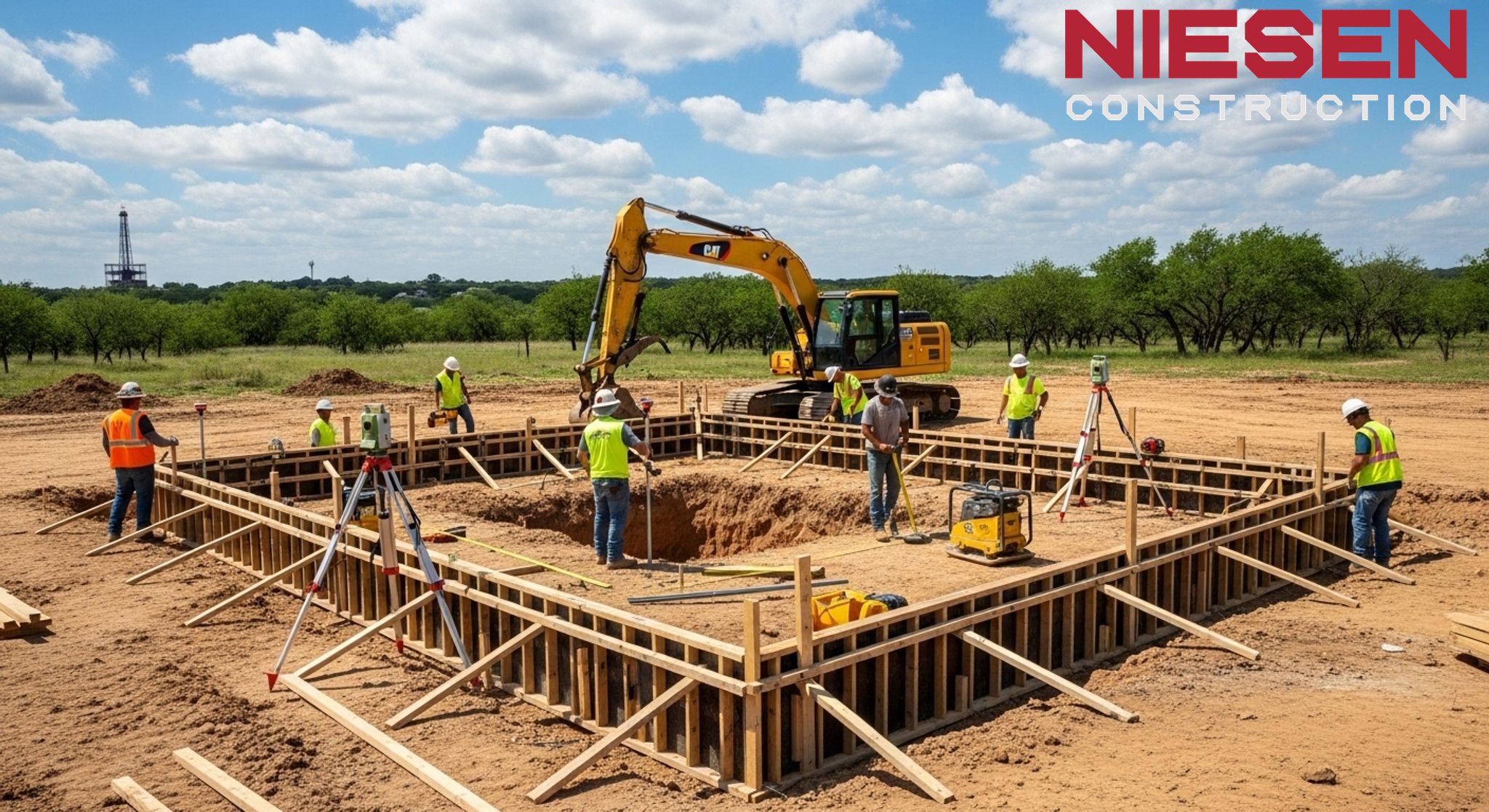 Professional construction workers preparing a home foundation site