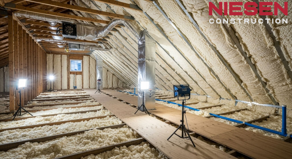 Construction workers installing high-quality insulation in custom home