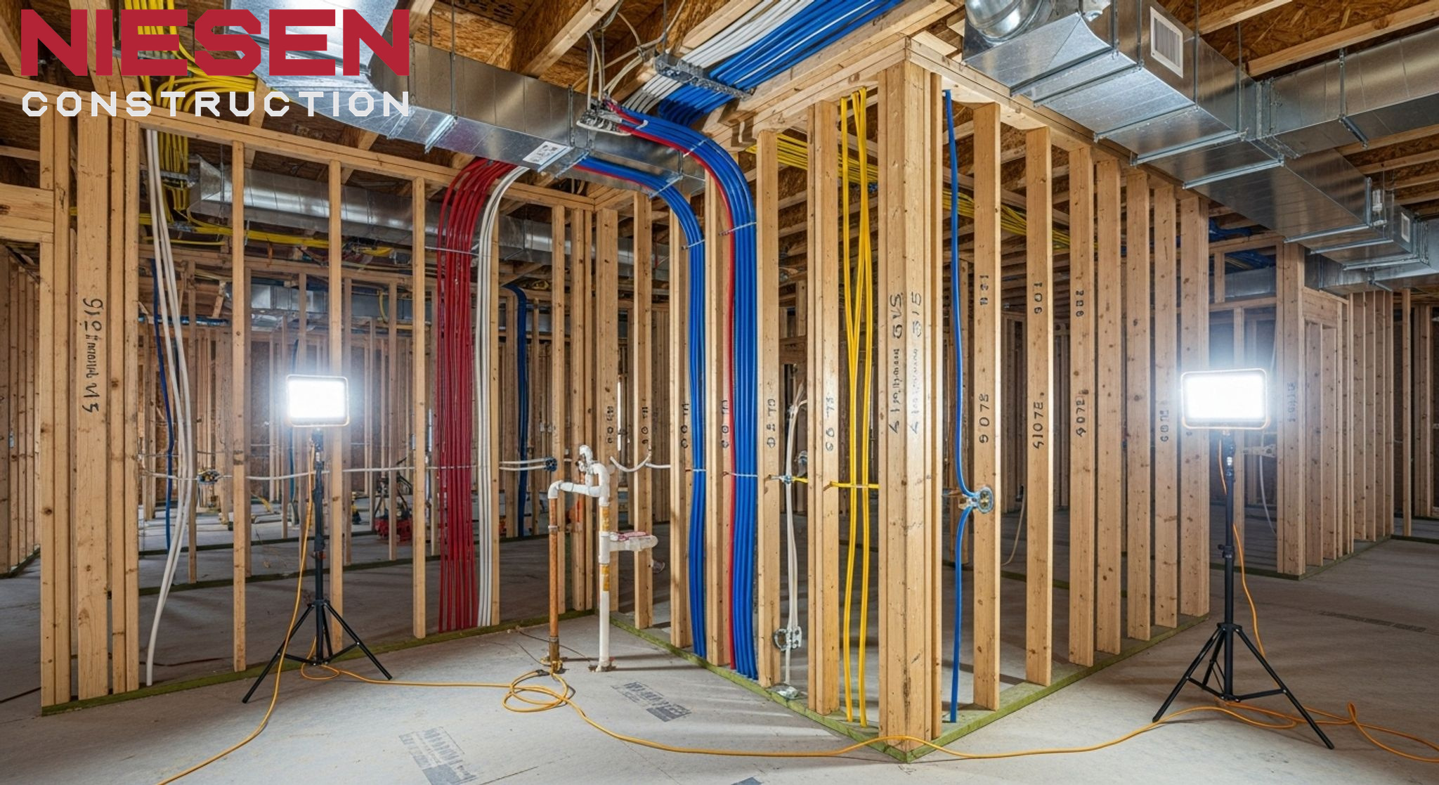 Interior view of custom home showing exposed electrical wiring