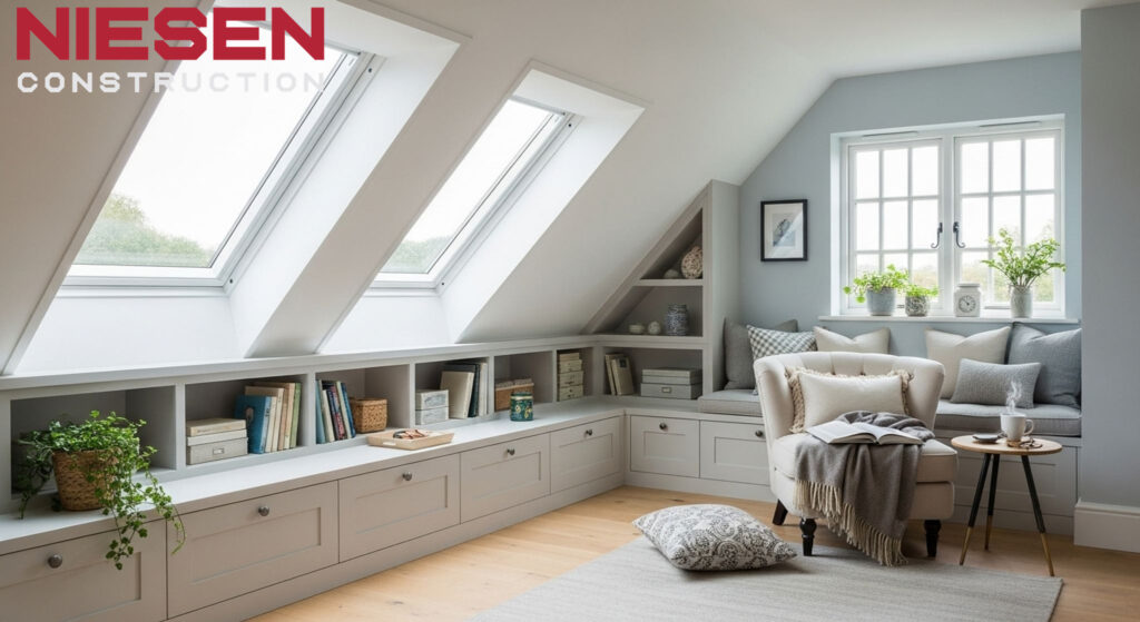 Transformed attic space converted into bright, functional room