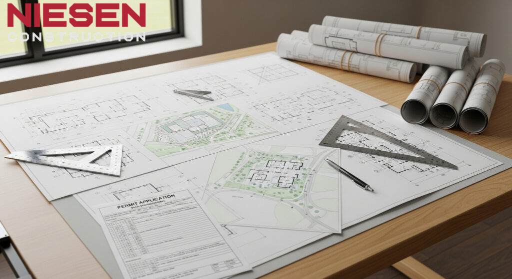 Professional builder and homeowners reviewing architectural plans