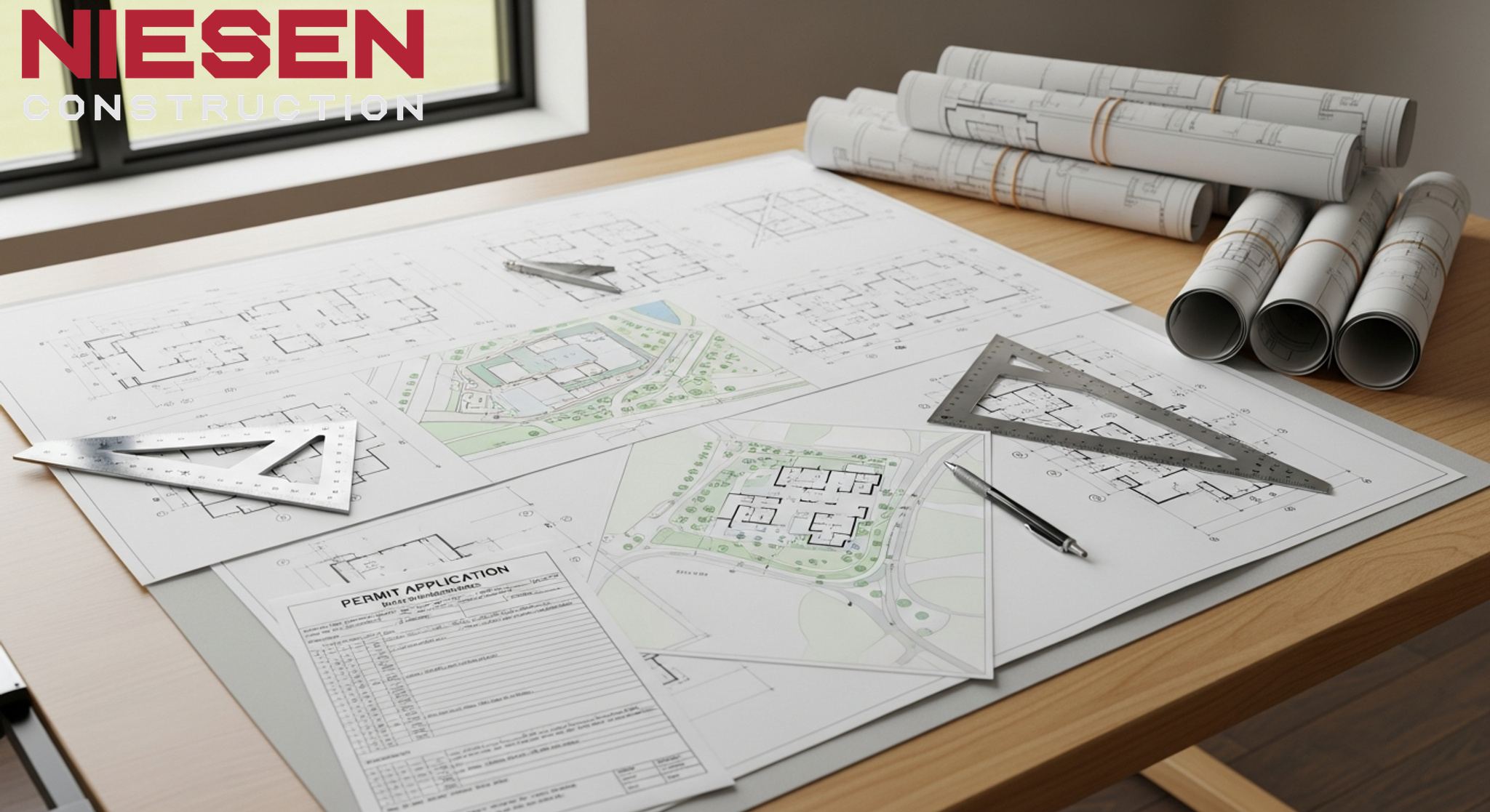 Professional builder and homeowners reviewing architectural plans