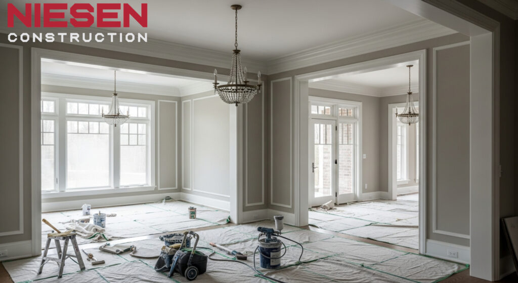 Professional painters applying final paint coats in a custom home