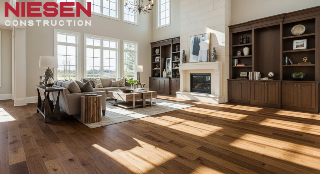 Beautiful custom home interior showing various flooring materials