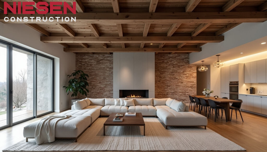 Open concept living space with farmhouse elements like exposed wooden beams and brick wall, combined with modern minimalist furniture and lighting, wide-angle architectural photography.