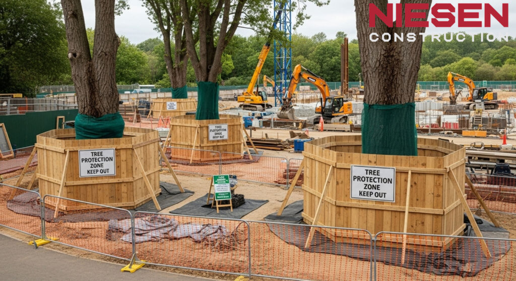 Construction site with large mature trees