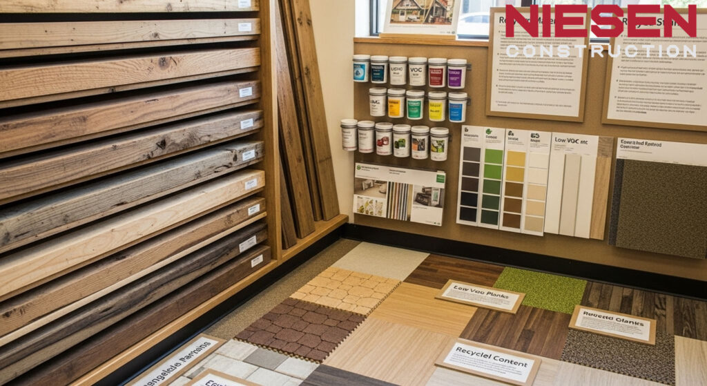 Eco-friendly building materials including reclaimed wood, low-VOC finishes
