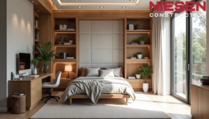 Clever multi-functional space with murphy bed transitioning to home office, built-in storage solutions, large windows, photographed with wide-angle lens, natural lighting, architectural style.